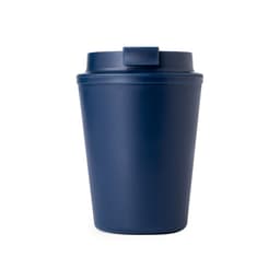 A drink bottle in navy blue with a lid and a logo. It's styled like a reusable coffee cup.
