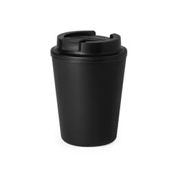 A reusable coffee cup in matte black with a lid and a logo. Ideal for keeping drinks insulated.