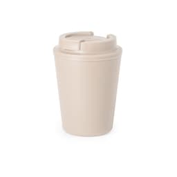 A reusable coffee cup in a light beige colour with a lid and a simple design. Features a logo.