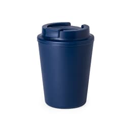 A drink bottle in navy blue with a secure lid and an ergonomic design, featuring a logo.