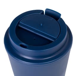 A drink bottle in navy blue with a lid featuring a sliding closure and a drinking hole. It has a logo.