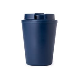 A drink bottle in navy blue with a lid and a branding logo, designed for reusable coffee use.