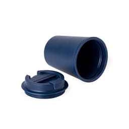 A dark blue insulated cup with a removable lid, designed for reusable drinkware.