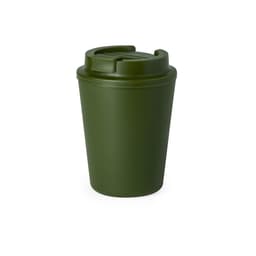 A drink bottle featuring a dark green insulated cup with a lid, designed for reusable coffee use.