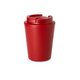 A red insulated cup with a secure lid, designed for reusable drinkware. It features a simple, sleek design and has a logo.