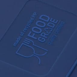 A blue product label features text stating "made of recycled PP" and "FOOD GRADE quality certified."