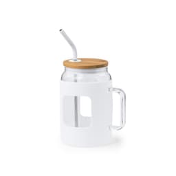 A drink bottle featuring a clear glass body, white silicone sleeve, bamboo lid, and a metal straw.