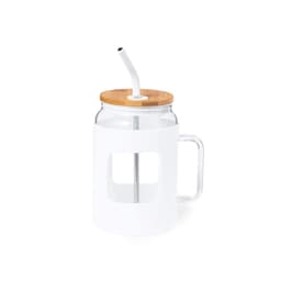 A drink bottle with a clear glass body, white silicone sleeve, bamboo lid, and a white straw.
