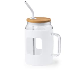 A drink bottle with a white body, bamboo lid, and a clear straw, featuring a handle and a window cut-out.