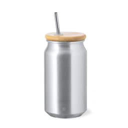 A drink bottle with a silver body and wooden lid, featuring a metal straw. It has a logo on the surface.