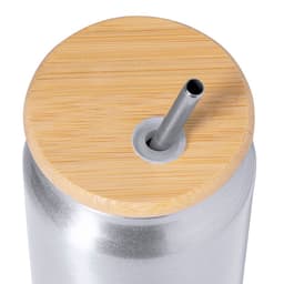 A drink bottle with a silver body and a bamboo lid, featuring a metal straw and a logo.