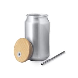 A drink bottle resembling a silver can with a bamboo lid and stainless steel straw. Features a logo.