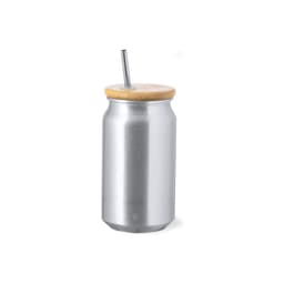 A drink bottle resembling a stainless steel can with a bamboo lid and a metal straw. It features a logo.