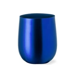 A blue, shiny drinking tumbler with a smooth finish and rounded shape, featuring a logo.