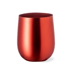A drink tumbler in metallic red with a smooth, rounded design and a reflective surface. It features a logo.