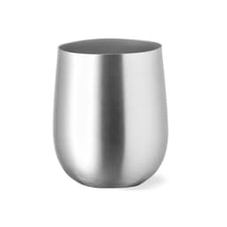 A stainless steel tumbler with a sleek, mirrored finish and a rounded shape. It has a logo on the surface.