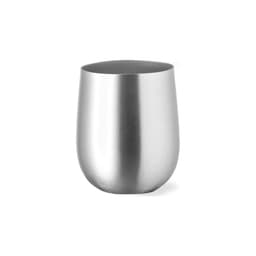 A metallic silver tumbler with a sleek, rounded design, featuring a smooth surface and a branded logo.