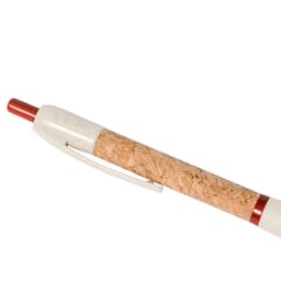 A pen with a cork grip and a red ink tip, featuring a white body and a clip. It has a branding logo.