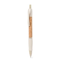 A pen featuring a cork body, white accents, and a grip for comfortable writing. It also has a branding logo.
