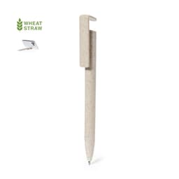 A wheat straw pen in natural tones with a clip for convenience. Features a logo on the top.