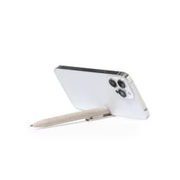 A sleek white phone propped up by a beige Polus Holder Pen, featuring a minimalist design and a logo.