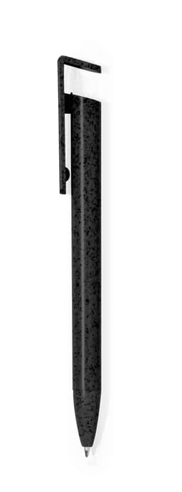 A black pen with a sleek design and a clip, featuring a branding logo.
