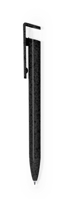 A black pen with a clip, featuring a sleek design and a subtle logo.