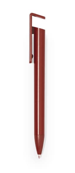 A maroon pen with a unique clip design, featuring a branding logo. 
