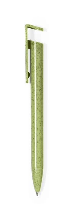 A green pen with a clip, featuring a smooth body and a fine writing tip, and includes a logo.
