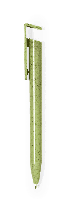 A green pen with a clip and a textured finish. It features a logo on the side.