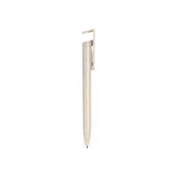 A pen with a sleek design in a light ivory hue, featuring a clip and a branding logo.