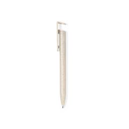A pen with a light beige, speckled design and a clip feature; includes a branding logo.