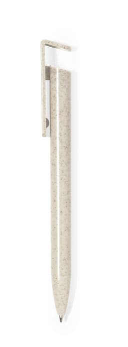 A pen in a light beige colour with a simple design and a clip, featuring a branding logo.
