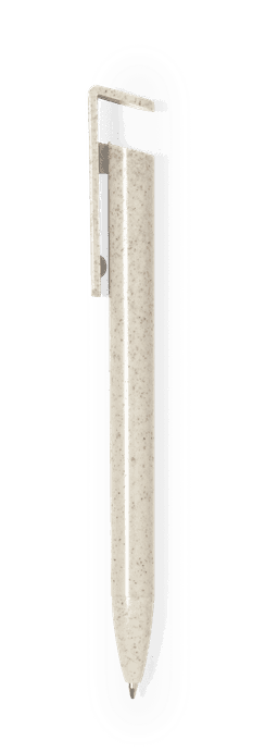 A light-coloured pen with a sleek design, featuring a clip and a logo on the side.