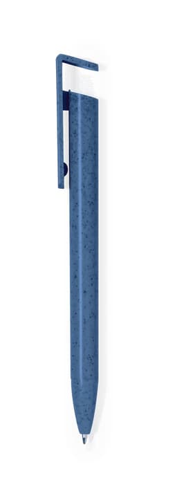A blue pen with a unique textured design and a clip. The pen features a logo on its body.