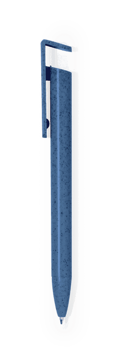 A blue pen with a clip and a sleek design, featuring a branded logo on its body.