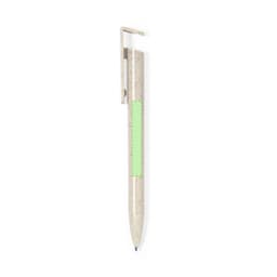 A biodegradable pen with a pale beige body and a bright green accent, featuring a clip and a logo.