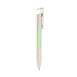 A biodegradable pen in a cream colour with a green grip section and a clip at the top. Features branding.