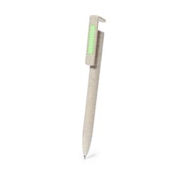 A pen in a light beige colour with a green clip and a logo on it.