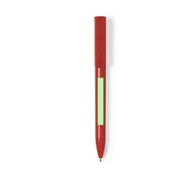 A red pen with a green accent and a logo. It features a sleek design suitable for writing.