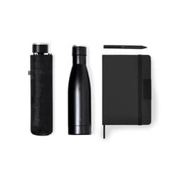 A black drink bottle, a black notebook, and a black pen, all packaged in a matching black sleeve.