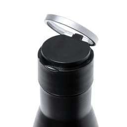 A drink bottle in matte black with a silver lid and a ring for easy opening. Contains a brand logo.