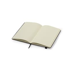 An open black notebook with lined pages, featuring a ribbon bookmark.