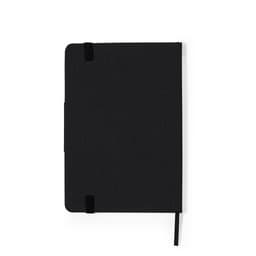 A black notebook with an elastic closure and a ribbon bookmark, featuring some branding on the cover.