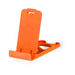 An orange phone stand with a slim, foldable design, featuring a base and back support for devices.