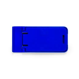 A blue phone stand with a simple design and a logo, suitable for holding devices securely.