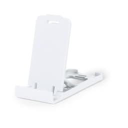 A white phone stand with a folding design, featuring a small logo on its surface.