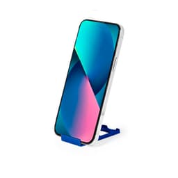 A phone stand in blue holding a smartphone with a vibrant screen display. The product features a simple, modern design.