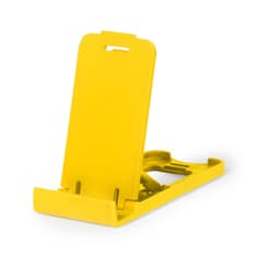A yellow phone stand with a sleek design, featuring a branding logo.