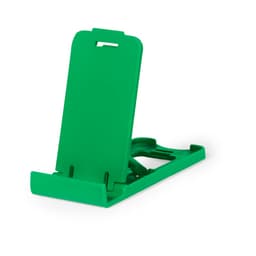 A green phone stand with a sturdy base and adjustable support for various devices. It features a simple design and has a logo.